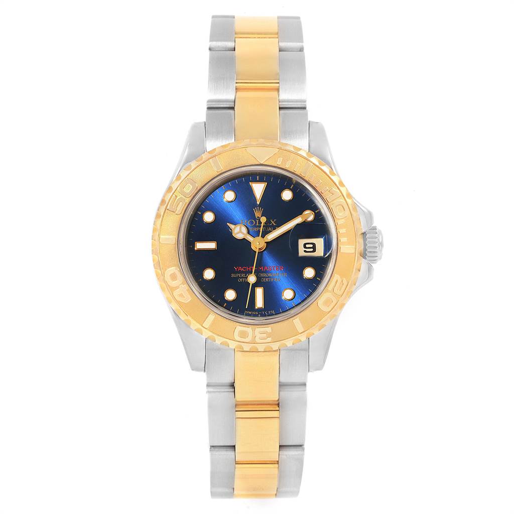 The Rolex Yacht-Master 69623 Women's Steel and Gold (two tone) Blue Dial 69623 Women's Steel and Gold (two tone) Blue Dial watch is shown from a top-down angle, displaying its two-tone bracelet, blue dial, and gold bezel.