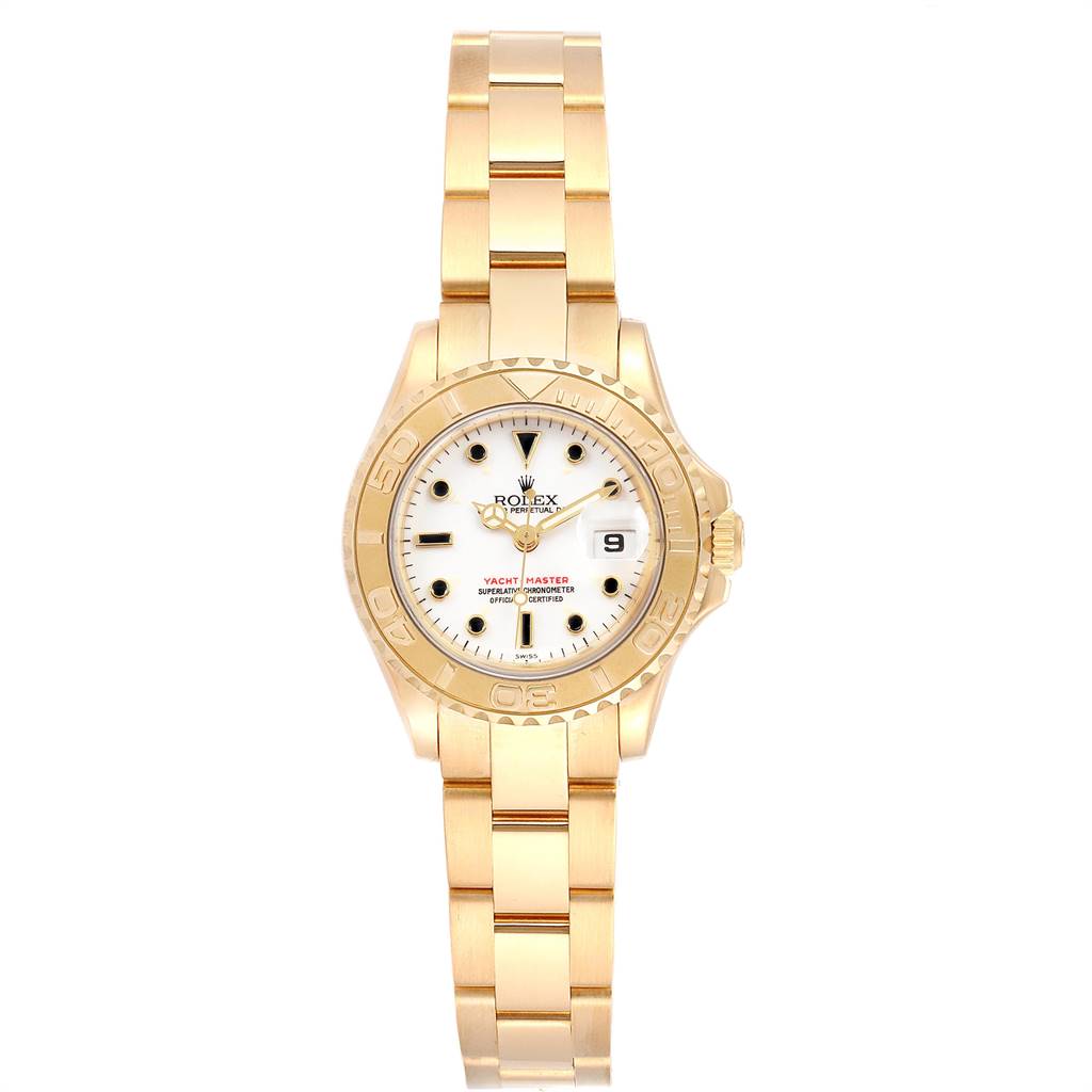 The image shows a front view of the Rolex Yacht-Master 169628 Women's Yellow Gold White Dial 169628 Women's Yellow Gold White Dial watch, highlighting the gold case, bracelet, bezel, and white dial.