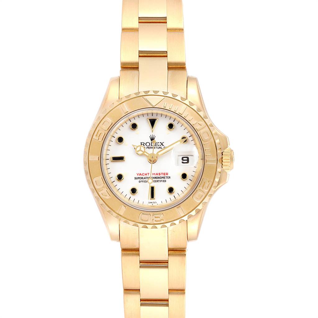 This image shows a front view of a Rolex Yacht-Master 169628 Women's Yellow Gold White Dial 169628 Women's Yellow Gold White Dial watch, highlighting its dial, bezel, and bracelet.