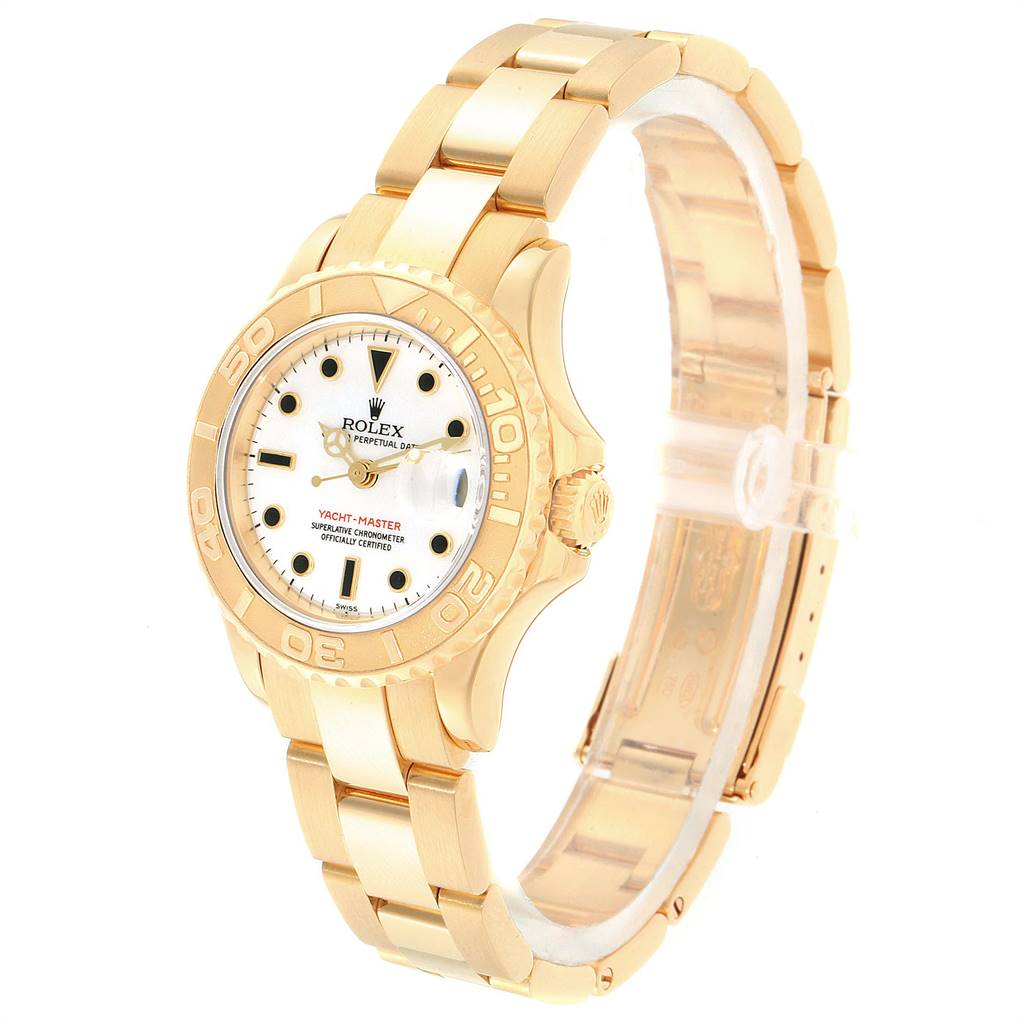 This Rolex Yacht-Master 169628 Women's Yellow Gold White Dial 169628 Women's Yellow Gold White Dial watch is shown at a three-quarter angle, highlighting the face, bezel, and bracelet.