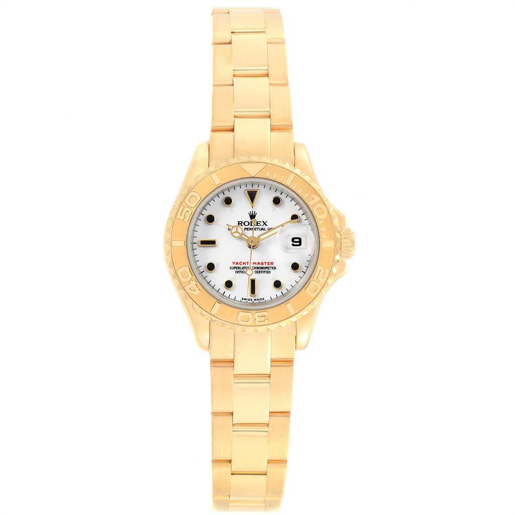 The image shows a front-facing view of a Rolex Yacht-Master 169628 Women's Yellow Gold White Dial 169628 Women's Yellow Gold White Dial watch, highlighting its gold bracelet, bezel, and white dial.