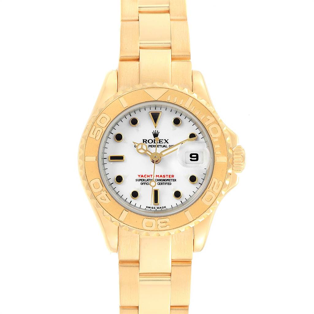 The Rolex Yacht-Master 169628 Women's Yellow Gold White Dial 169628 Women's Yellow Gold White Dial watch is shown from a front angle, displaying the dial, bezel, and bracelet.