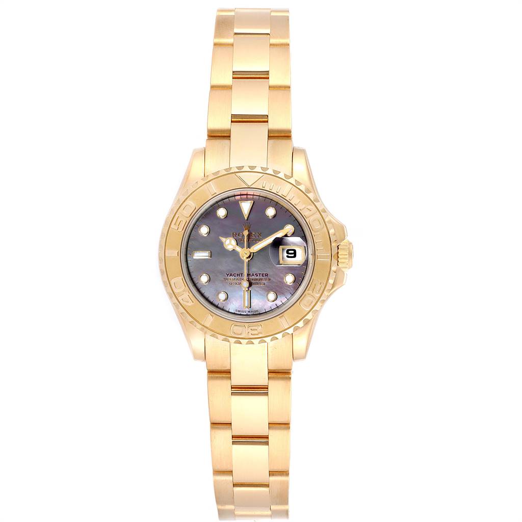 This Rolex Yacht-Master 169628 Women's Yellow Gold Mother of Pearl Dial 169628 Women's Yellow Gold Mother of Pearl Dial watch is shown from the front, displaying its gold bracelet, bezel, and dial with date.