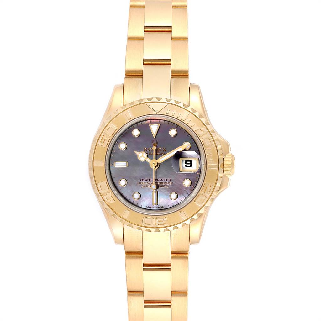 The Rolex Yacht-Master 169628 Women's Yellow Gold Mother of Pearl Dial 169628 Women's Yellow Gold Mother of Pearl Dial watch is shown from the front, displaying the dial, bezel, bracelet, and date window.