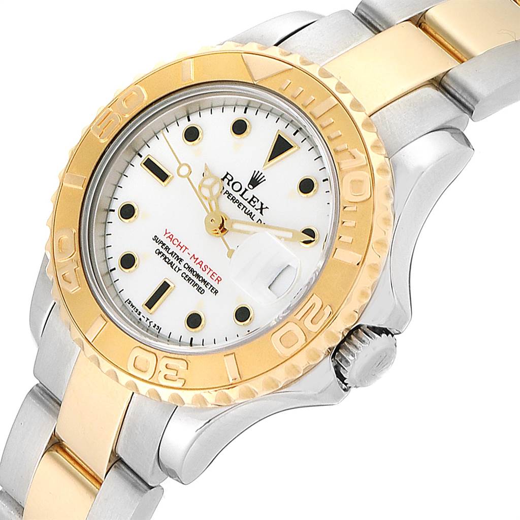 The image shows a close-up angle of the Rolex Yacht-Master 169623 Steel and Gold (two tone) White Dial 169623 Steel and Gold (two tone) White Dial watch, focusing on the dial, bezel, and part of the bracelet.