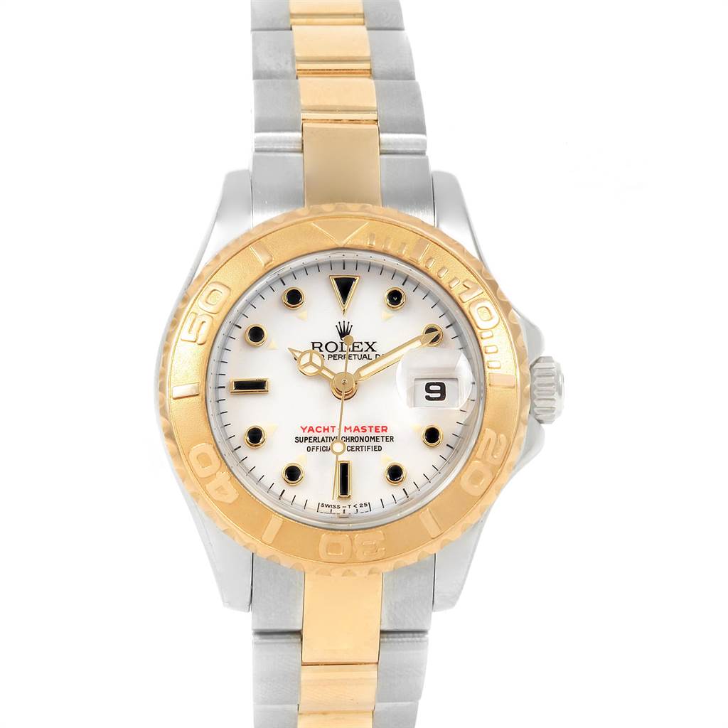 This image shows a front view of a Rolex Yacht-Master 169623 Steel and Gold (two tone) White Dial 169623 Steel and Gold (two tone) White Dial watch, featuring a two-tone metal bracelet and a gold bezel.