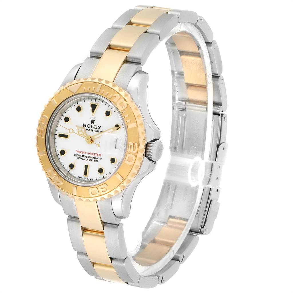 The image shows a Rolex Yacht-Master 169623 Steel and Gold (two tone) White Dial 169623 Steel and Gold (two tone) White Dial watch angled from the side, highlighting the bezel, crown, dial, and two-tone bracelet.