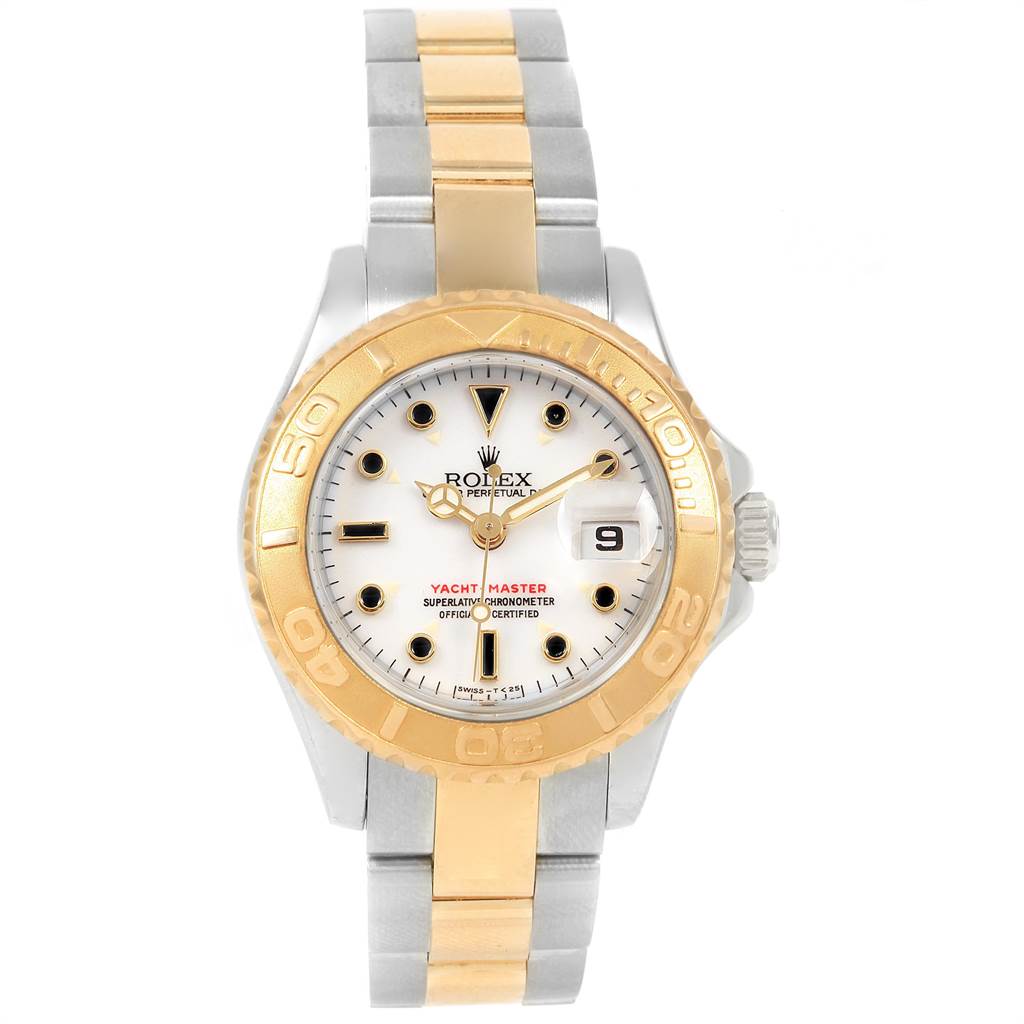 The Rolex Yacht-Master 169623 Steel and Gold (two tone) White Dial 169623 Steel and Gold (two tone) White Dial watch is shown from a top-down angle, highlighting its bezel, dial, and bracelet.