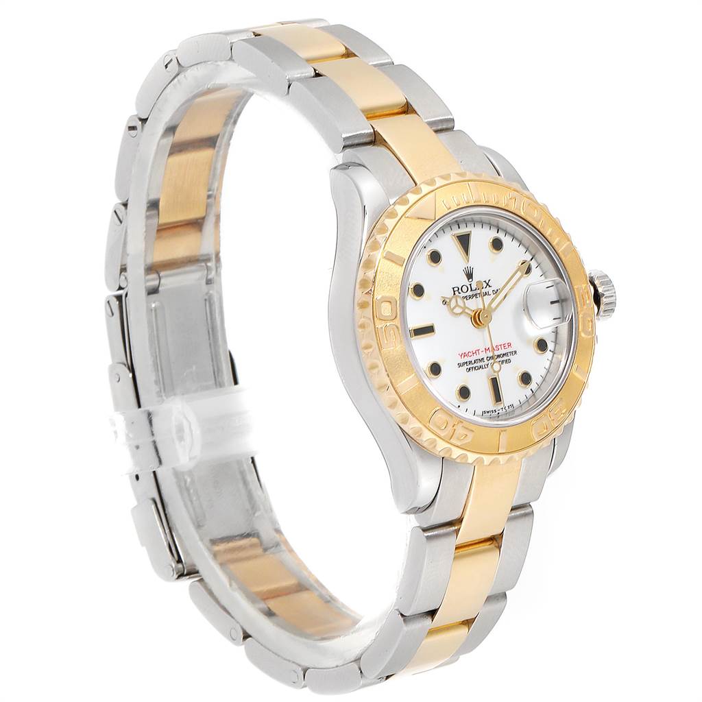 This image shows a side-angle view of the Rolex Yacht-Master 169623 Steel and Gold (two tone) White Dial 169623 Steel and Gold (two tone) White Dial watch, highlighting the bezel, dial, and two-tone bracelet.