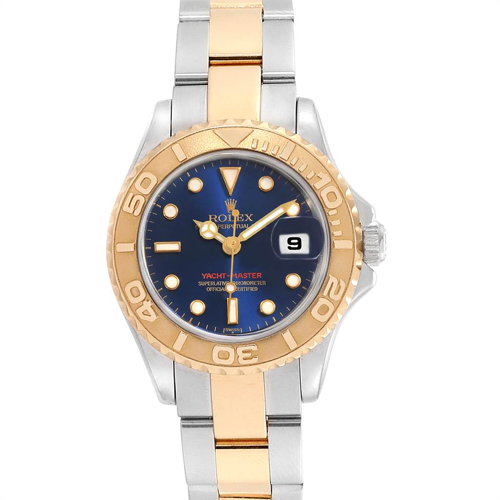 This Rolex Yacht-Master 169623 Women's Steel and Gold (two tone) Blue Dial 169623 Women's Steel and Gold (two tone) Blue Dial watch is shown from the front, highlighting the dial, bezel, and two-tone bracelet.