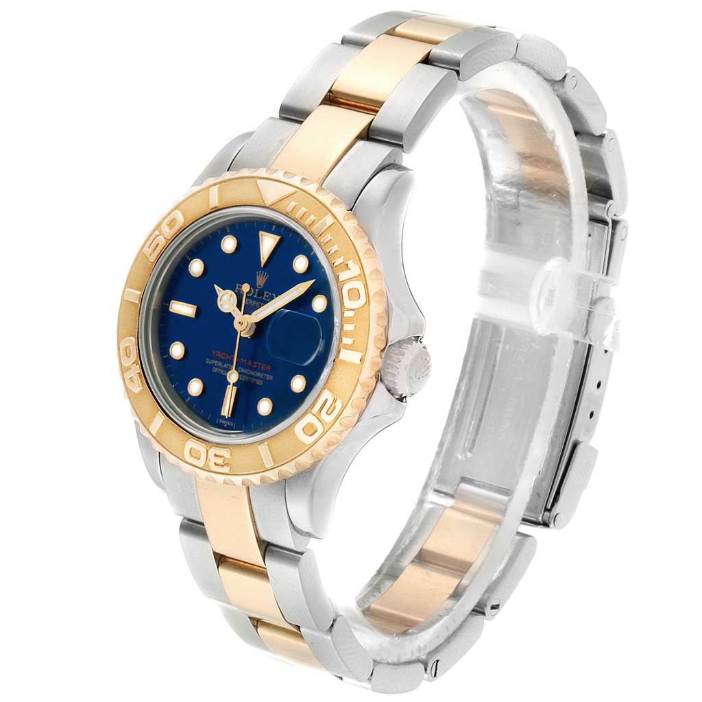 The image shows a side view of a Rolex Yacht-Master 169623 Women's Steel and Gold (two tone) Blue Dial 169623 Women's Steel and Gold (two tone) Blue Dial watch, highlighting its blue dial and two-tone bracelet.