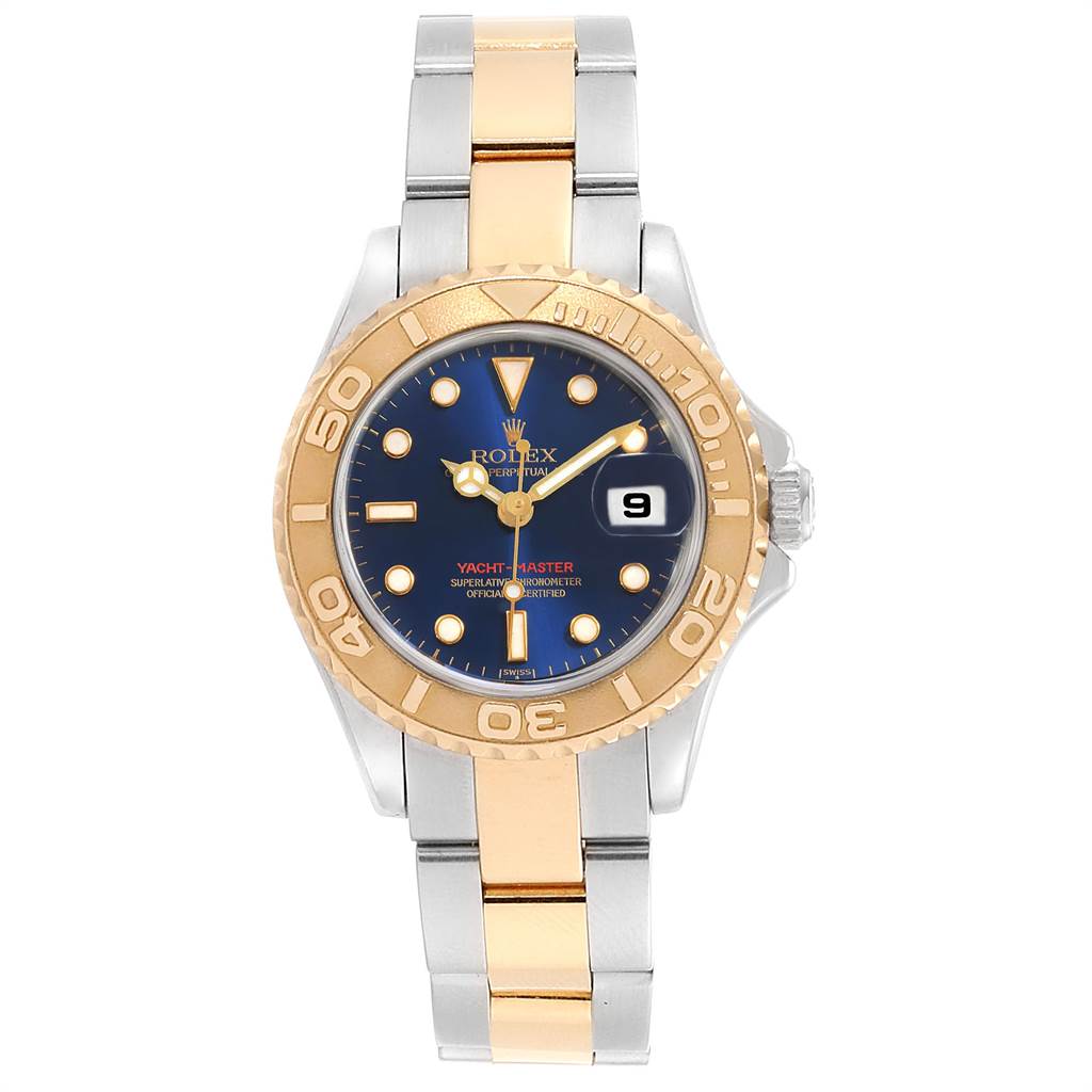 The Rolex Yacht-Master 169623 Women's Steel and Gold (two tone) Blue Dial 169623 Women's Steel and Gold (two tone) Blue Dial watch is shown from the front, displaying its gold bezel, blue dial, and two-tone metal strap.