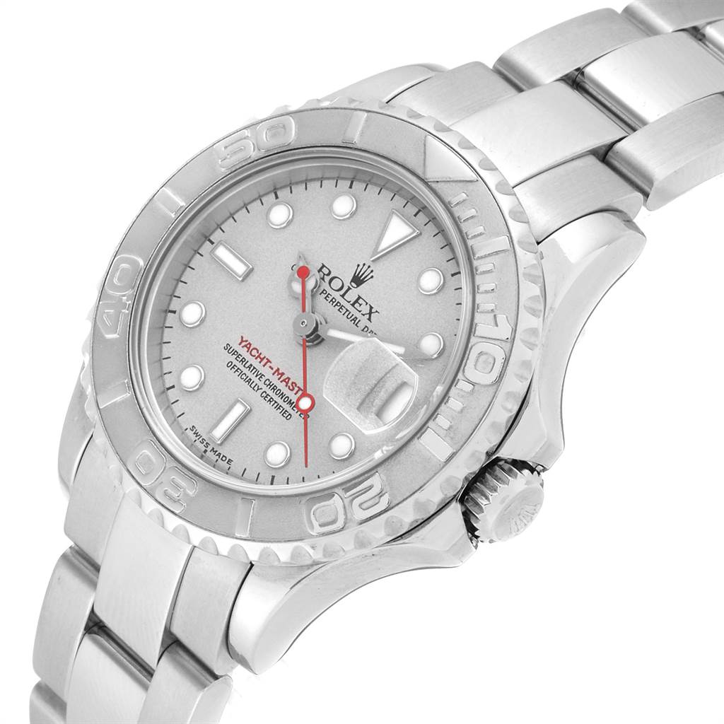The image shows a Rolex Yacht-Master 169622 Women's Stainless Steel Silver Dial 169622 Women's Stainless Steel Silver Dial watch at a slight angle, highlighting its face, bezel, case, bracelet, and crown.