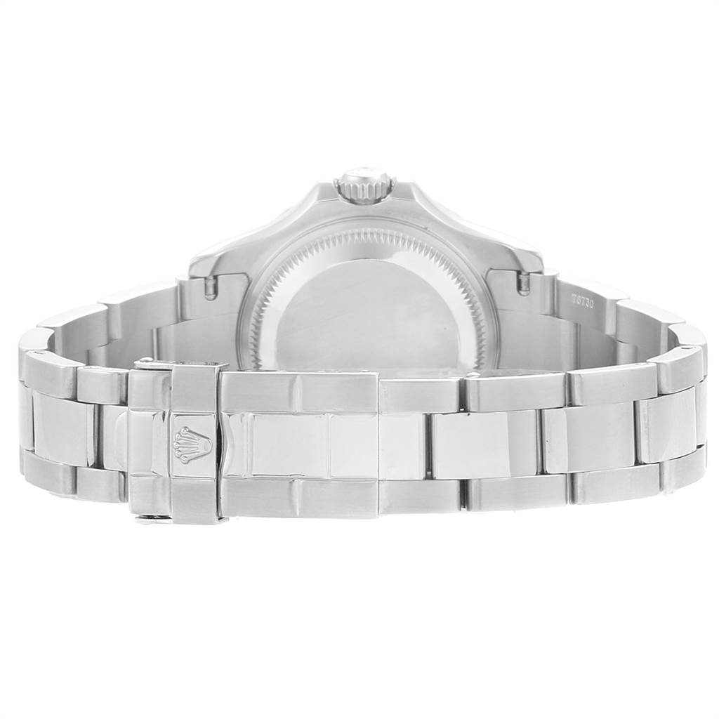 The image shows the back and clasp of the Rolex Yacht-Master 169622 Women's Stainless Steel Silver Dial 169622 Women's Stainless Steel Silver Dial watch, highlighting its stainless steel bracelet and engraved clasp.