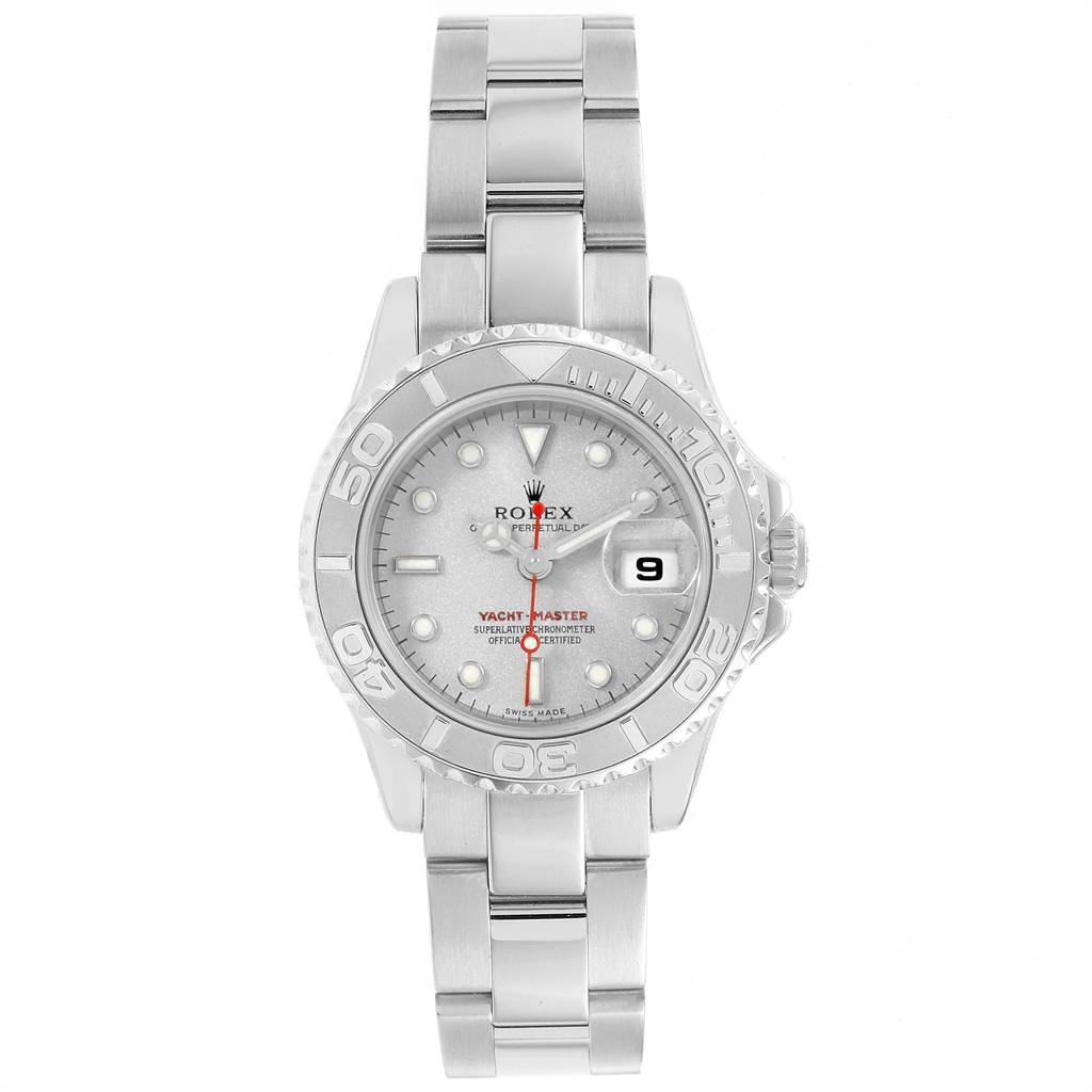 This Rolex Yacht-Master 169622 Women's Stainless Steel Silver Dial 169622 Women's Stainless Steel Silver Dial watch is shown from the front, displaying the dial, bezel, and bracelet.