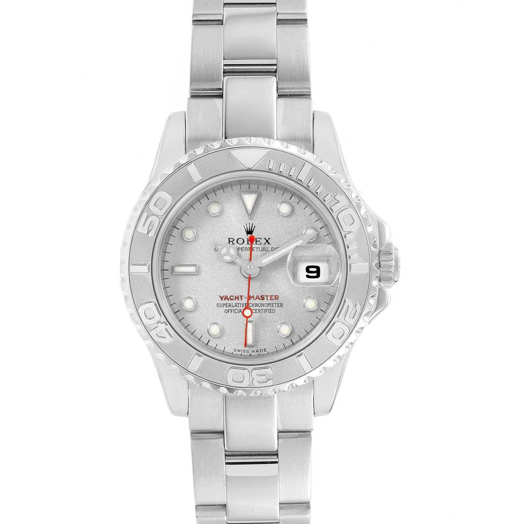 This image shows a front view of the Rolex Yacht-Master 169622 Women's Stainless Steel Silver Dial 169622 Women's Stainless Steel Silver Dial watch, highlighting the dial, bezel, bracelet, and date window.
