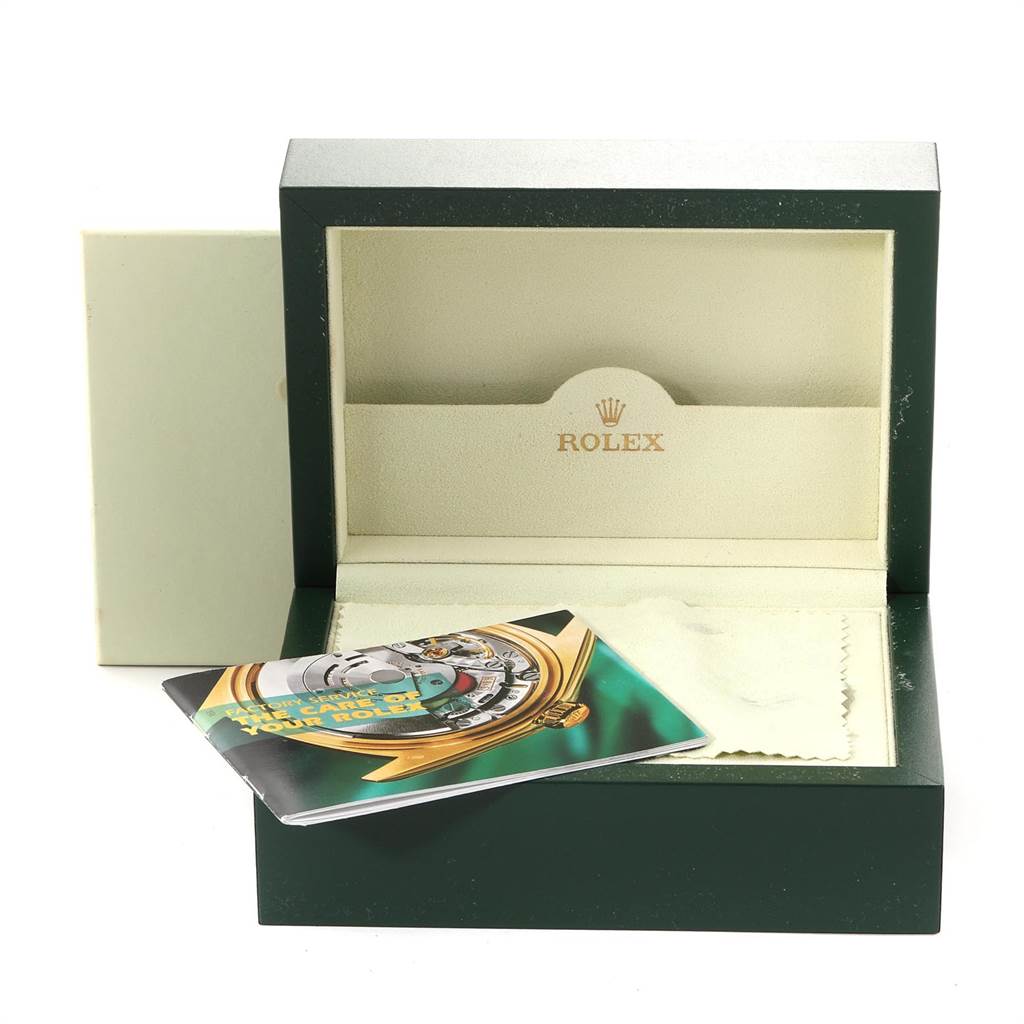 The image shows an open Rolex Yacht-Master 169622 Women's Stainless Steel Silver Dial 169622 Women's Stainless Steel Silver Dial watch box with booklets and a cleaning cloth inside.