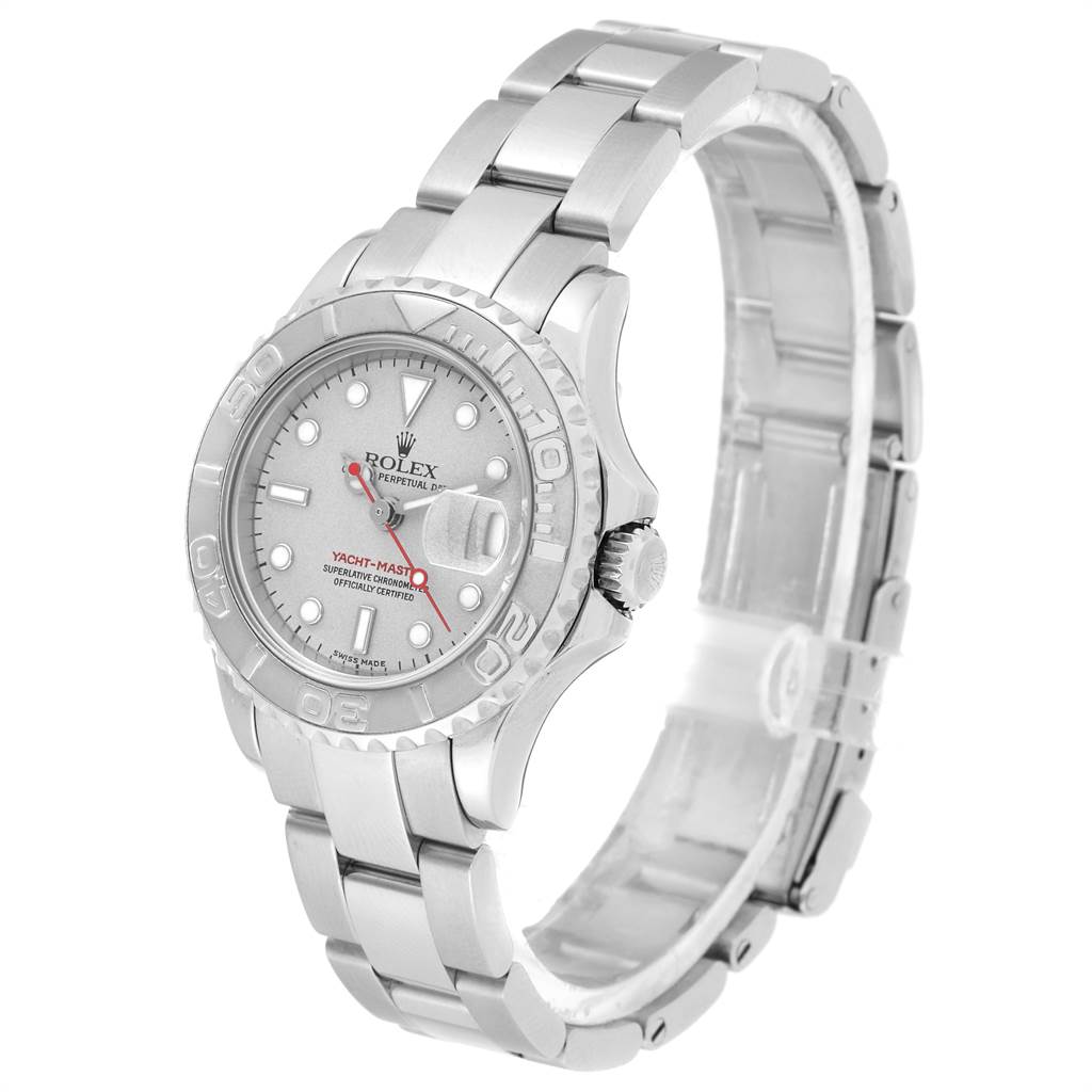 This image shows a Rolex Yacht-Master 169622 Women's Stainless Steel Silver Dial 169622 Women's Stainless Steel Silver Dial watch from a three-quarter view, highlighting the dial, bezel, crown, and bracelet.