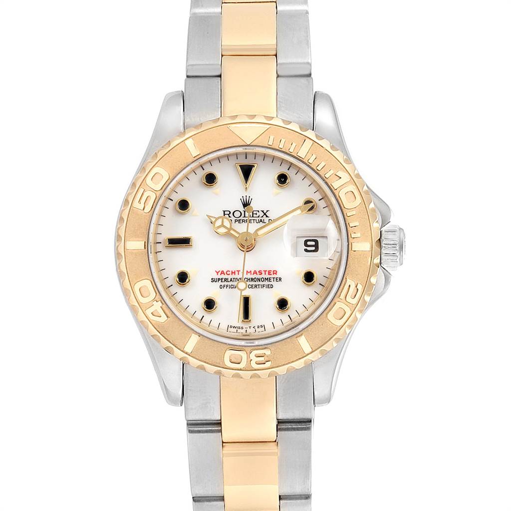 This Rolex Yacht-Master 169623 Women's Steel and Gold (two tone) White Dial 169623 Women's Steel and Gold (two tone) White Dial watch is shown from a front angle, displaying its dial, bezel, and two-tone bracelet.