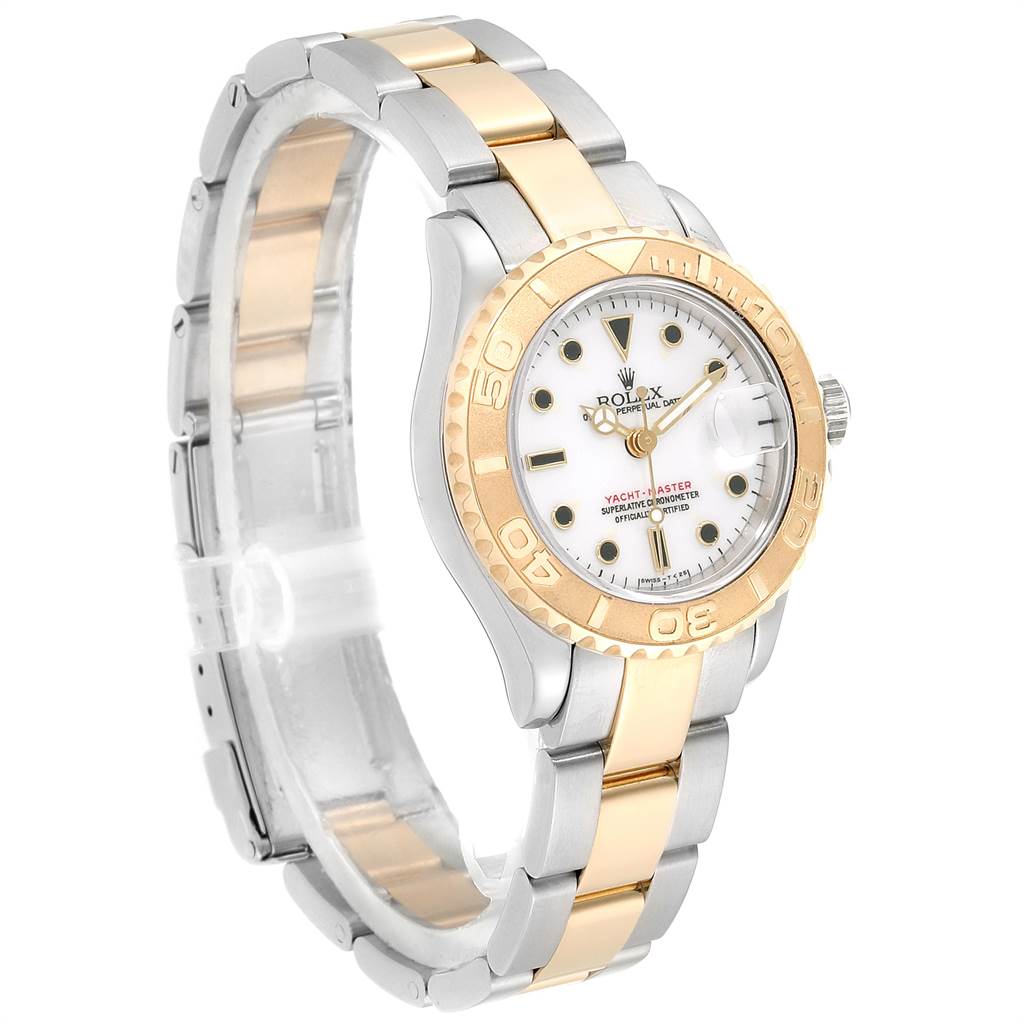 This Yacht-Master model by Rolex is shown at an angle displaying the face, crown, bezel, bracelet, and clasp.