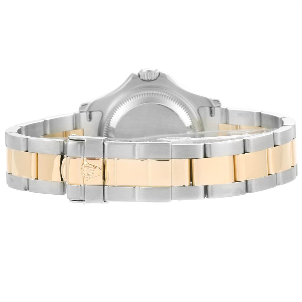 This image shows the back view of a Rolex Yacht-Master 169623 Women's Steel and Gold (two tone) White Dial 169623 Women's Steel and Gold (two tone) White Dial watch, focusing on the clasp and bracelet with gold and silver elements.