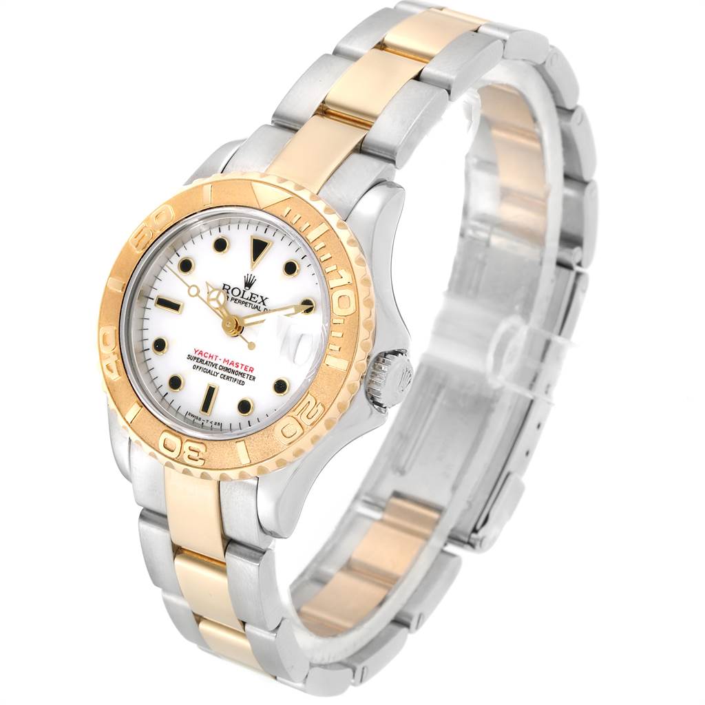 The Rolex Yacht-Master 169623 Women's Steel and Gold (two tone) White Dial 169623 Women's Steel and Gold (two tone) White Dial watch is shown at a slight angle displaying the face, bezel, crown, and two-tone bracelet.