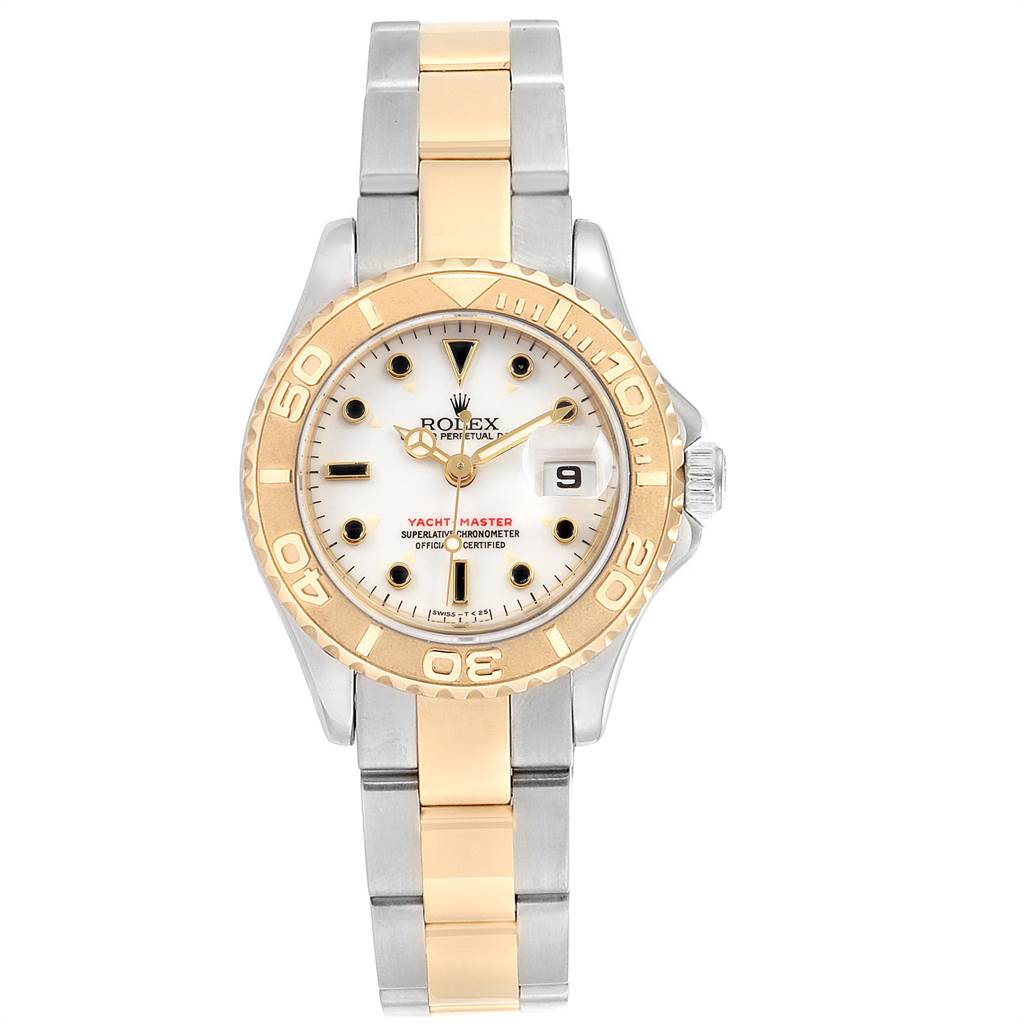 This image shows a front view of the Rolex Yacht-Master 169623 Women's Steel and Gold (two tone) White Dial 169623 Women's Steel and Gold (two tone) White Dial watch, highlighting its dial, bezel, and bracelet.