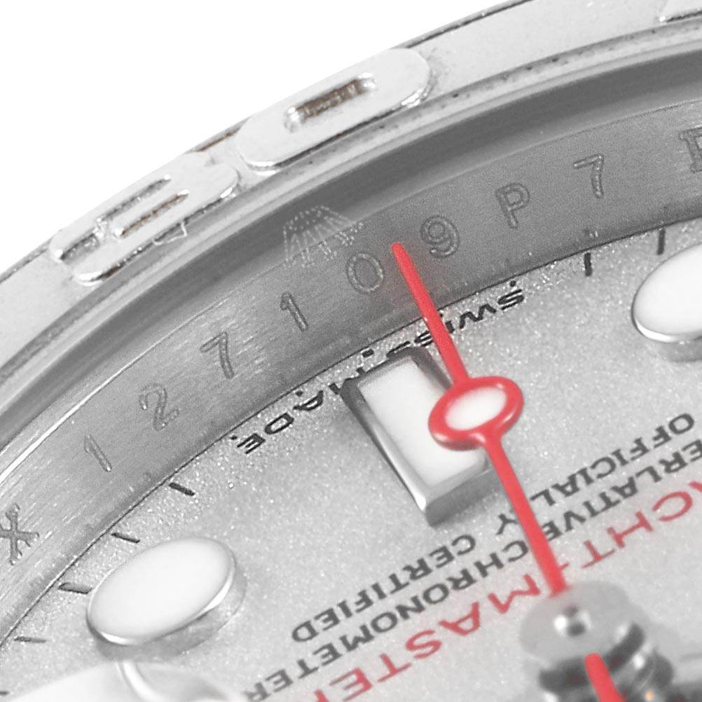 Close-up view of the Rolex Yacht-Master 169622 Women
s Stainless Steel Silver Dial 169622 Women
s Stainless Steel Silver Dial watch showing parts of the dial, bezel, and serial number.