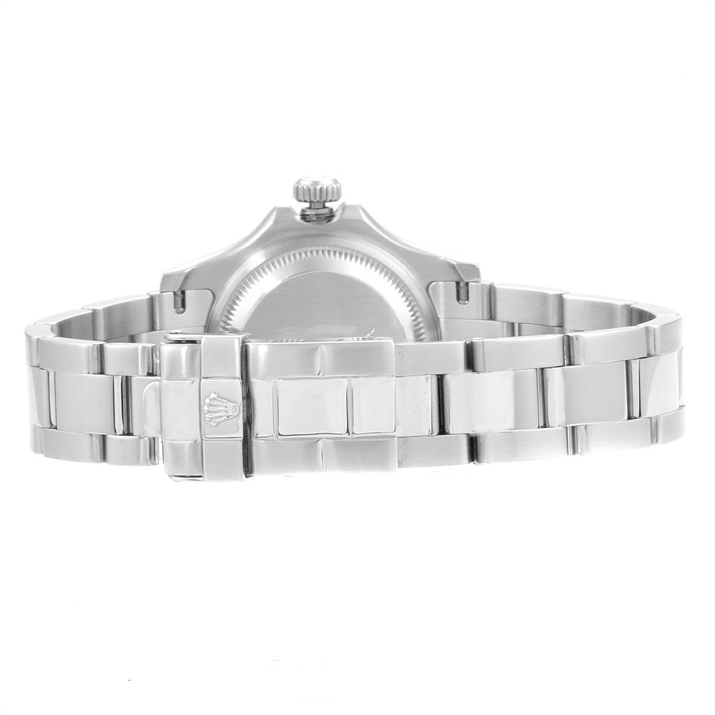 This image shows the back view of a Rolex Yacht-Master 169622 Women
s Stainless Steel Silver Dial 169622 Women
s Stainless Steel Silver Dial watch, highlighting the clasp and stainless steel bracelet.