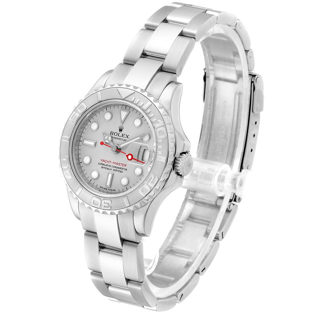 The Rolex Yacht-Master 169622 Women
s Stainless Steel Silver Dial 169622 Women
s Stainless Steel Silver Dial watch is shown at a three-quarter angle, displaying the face, bezel, and bracelet.