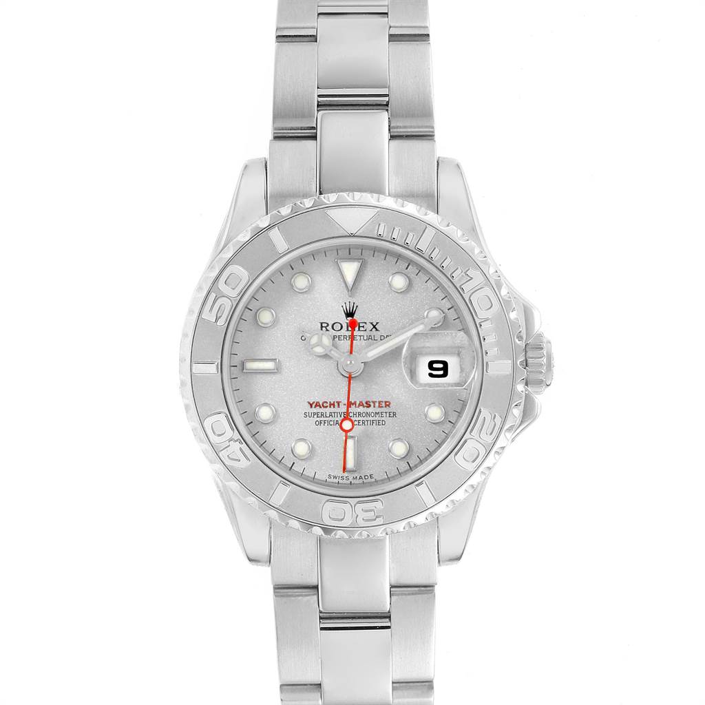 This image shows a frontal view of the Rolex Yacht-Master 169622 Women
s Stainless Steel Silver Dial 169622 Women
s Stainless Steel Silver Dial watch, highlighting the face, bezel, and bracelet.