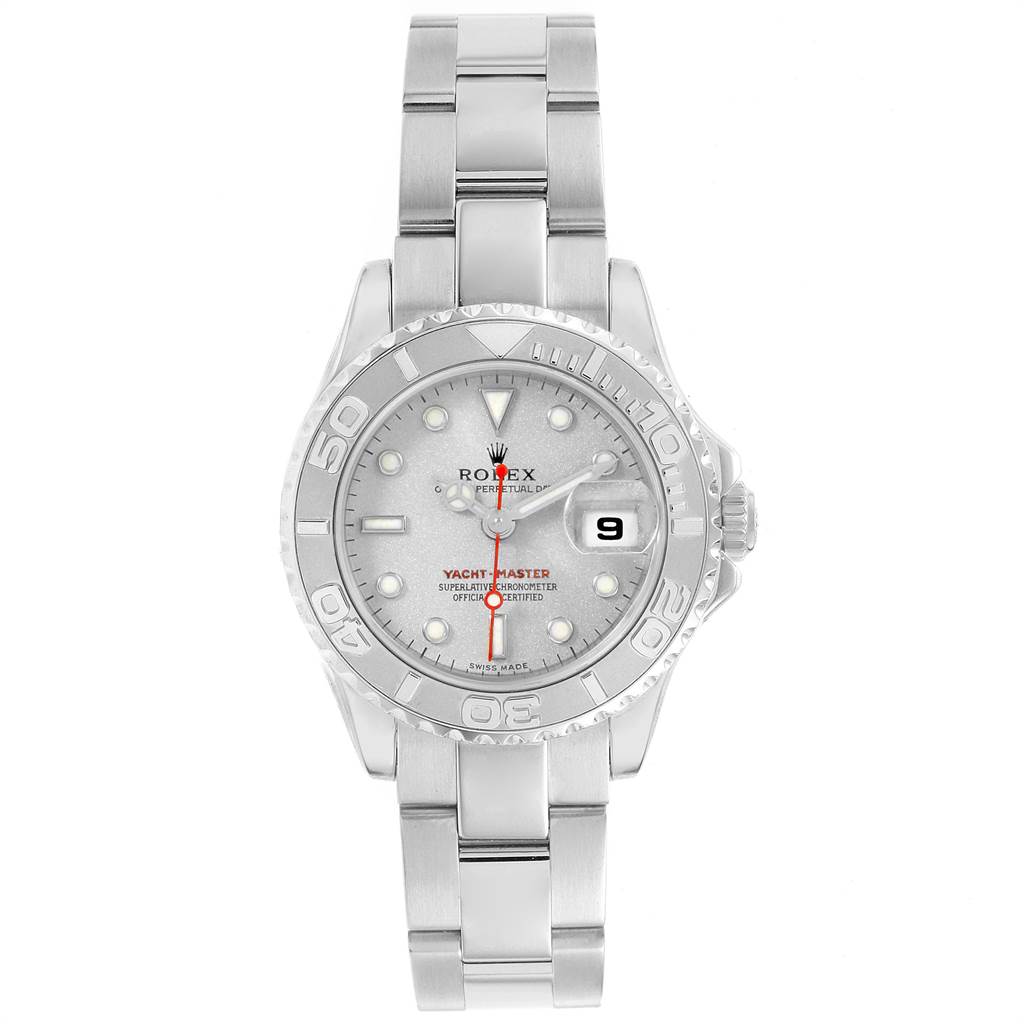 This image shows a front view of the Rolex Yacht-Master 169622 Women
s Stainless Steel Silver Dial 169622 Women
s Stainless Steel Silver Dial watch, highlighting its bezel, dial, bracelet, and date window.