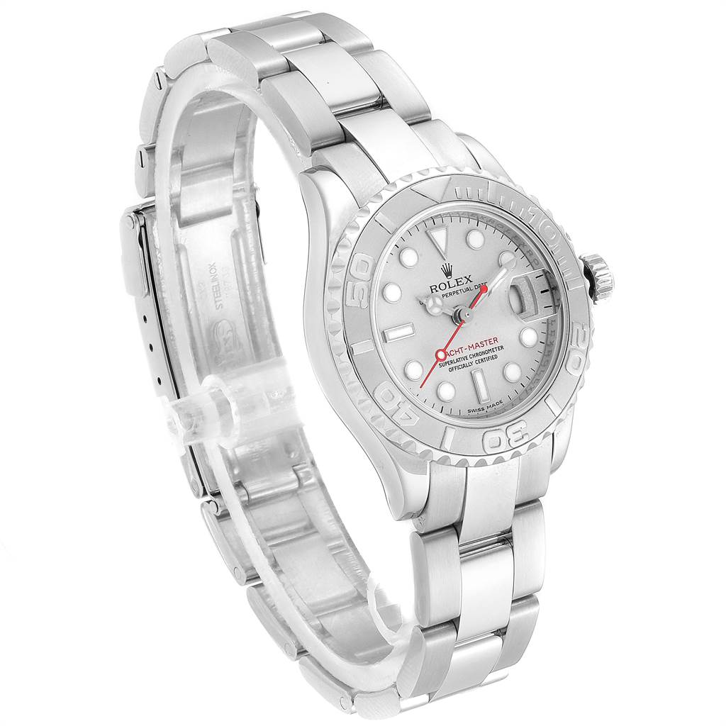 The image shows a Rolex Yacht-Master 169622 Women
s Stainless Steel Silver Dial 169622 Women
s Stainless Steel Silver Dial watch at a slight angle highlighting the face, bezel, and metal bracelet.