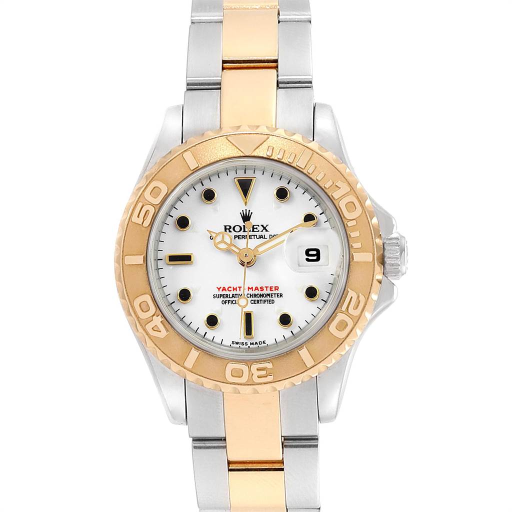 This image shows a front view of a Rolex Yacht-Master 169623 Women's Steel and Gold (two tone) White Dial 169623 Women's Steel and Gold (two tone) White Dial watch, highlighting its dial, bezel, and two-tone bracelet.