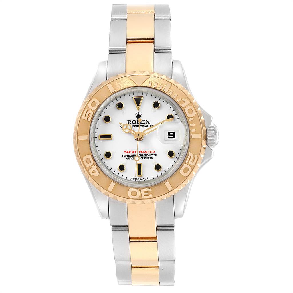 The Rolex Yacht-Master 169623 Women's Steel and Gold (two tone) White Dial 169623 Women's Steel and Gold (two tone) White Dial watch is shown from the front, displaying its dial, bezel, and metal bracelet.