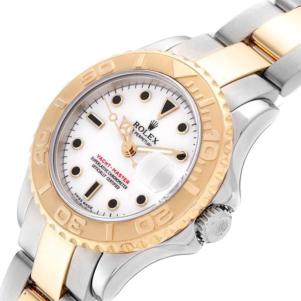 The Rolex Yacht-Master 169623 Women's Steel and Gold (two tone) White Dial 169623 Women's Steel and Gold (two tone) White Dial watch is shown at an angle highlighting its face, bezel, bracelet, and crown.