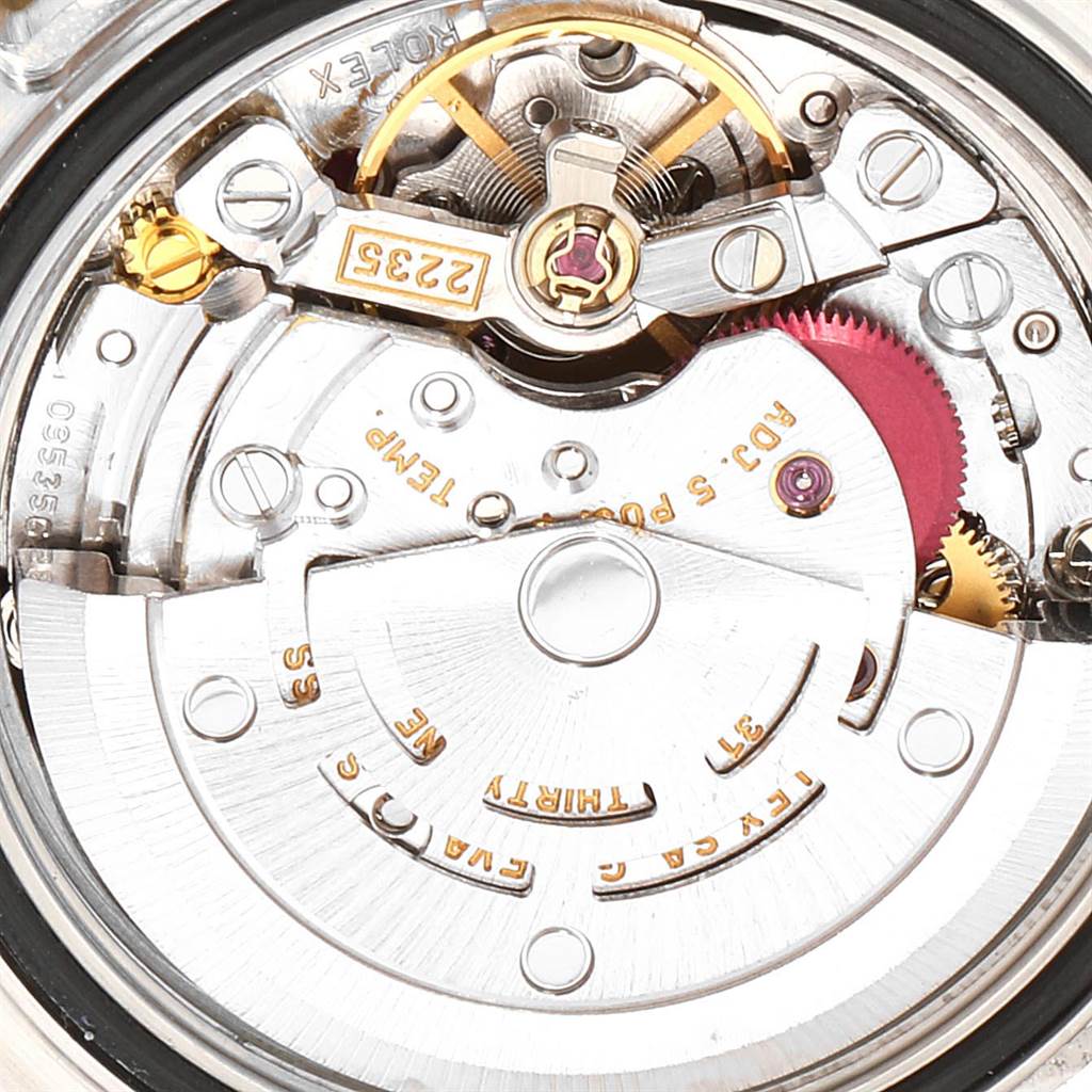This close-up image shows the intricate inner movement components of the Rolex Yacht-Master 169623 Women's Steel and Gold (two tone) White Dial 169623 Women's Steel and Gold (two tone) White Dial watch model.