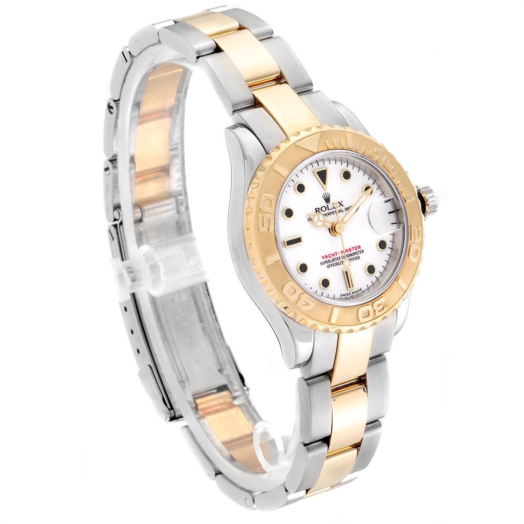 The Rolex Yacht-Master 169623 Women's Steel and Gold (two tone) White Dial 169623 Women's Steel and Gold (two tone) White Dial watch is shown from an angled view, highlighting its bracelet, bezel, dial, and case.