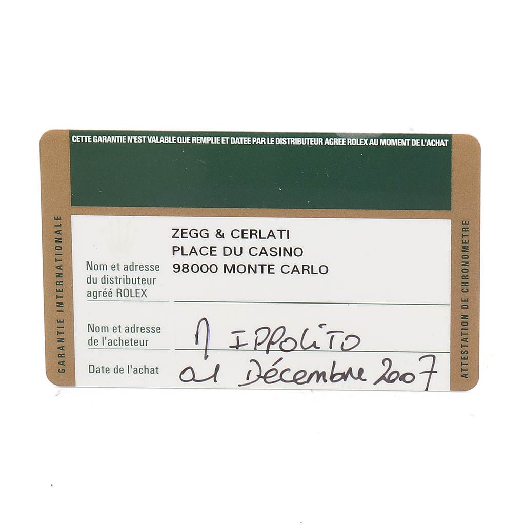 The image shows a warranty card for a Rolex Yacht-Master 169622 Women's Stainless Steel Silver Dial 169622 Women's Stainless Steel Silver Dial watch, with the distributor's information filled out.