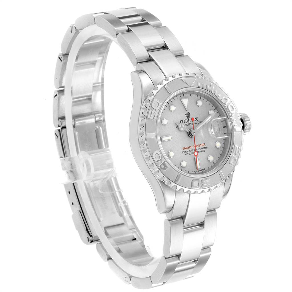 The Rolex Yacht-Master 169622 Women's Stainless Steel Silver Dial 169622 Women's Stainless Steel Silver Dial watch is shown at a three-quarter angle, highlighting the dial, bezel, case, bracelet, and clasp.