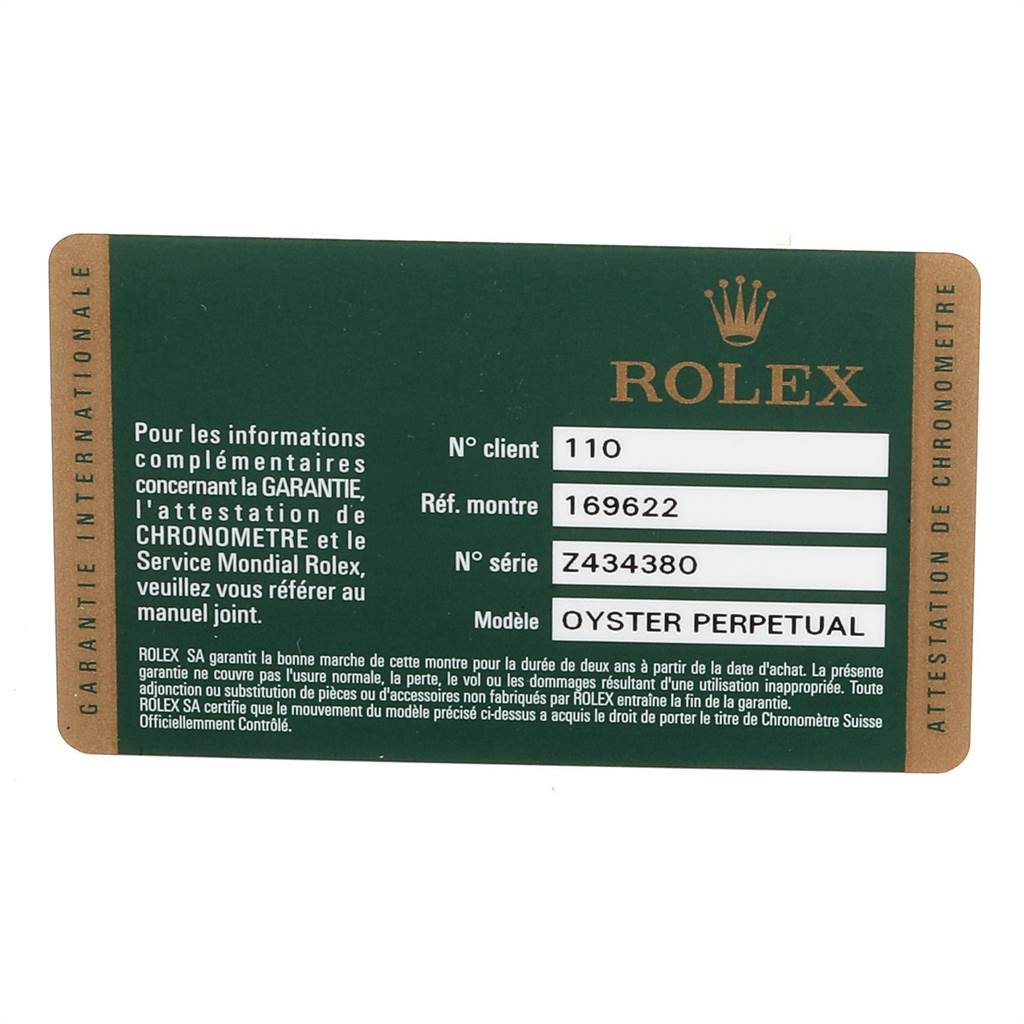 The image shows the warranty card for a Rolex Yacht-Master 169622 Women's Stainless Steel Silver Dial 169622 Women's Stainless Steel Silver Dial watch, detailing client number, reference number, and serial number.