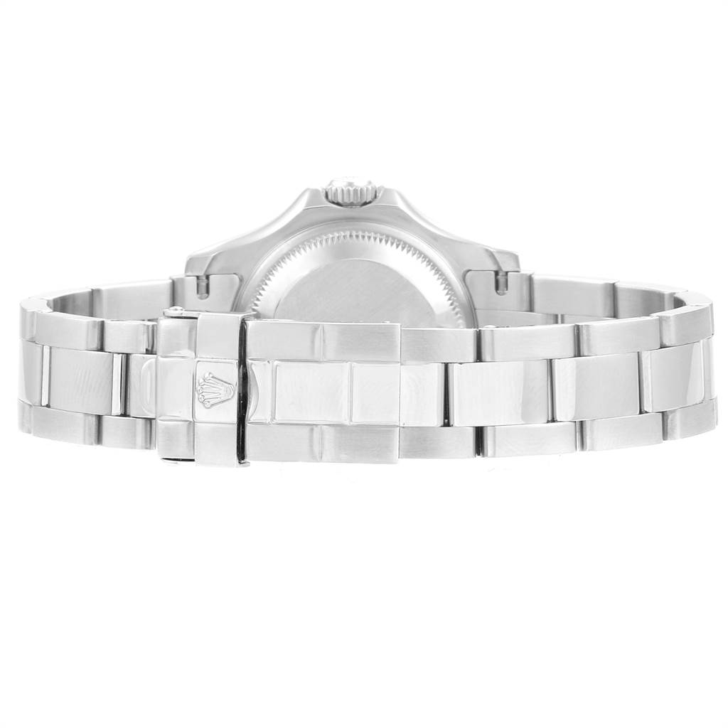 The image shows the back view of a Rolex Yacht-Master 169622 Women's Stainless Steel Silver Dial 169622 Women's Stainless Steel Silver Dial watch, highlighting its clasp and bracelet.