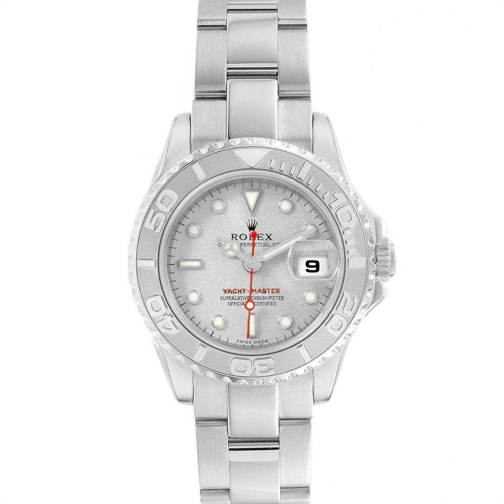 This image shows the face and band of a Rolex Yacht-Master 169622 Women's Stainless Steel Silver Dial 169622 Women's Stainless Steel Silver Dial watch from a top-down angle.