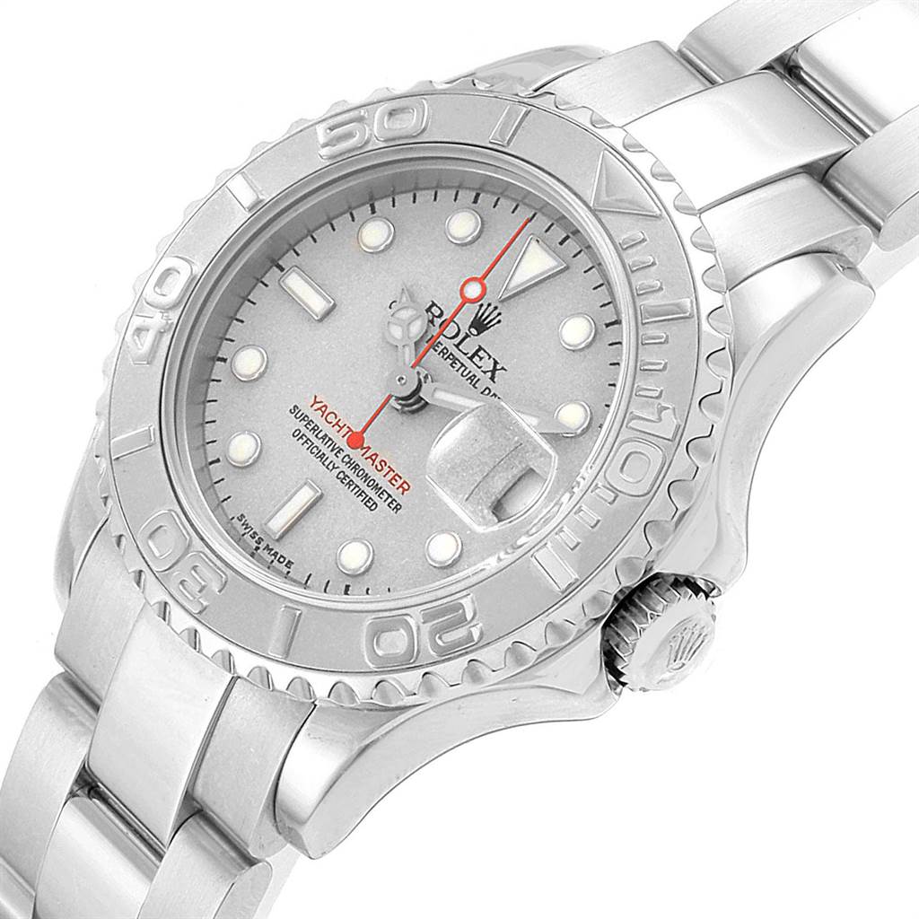 The image shows a top-angle view of a Rolex Yacht-Master 169622 Women's Stainless Steel Silver Dial 169622 Women's Stainless Steel Silver Dial watch, displaying its dial, bezel, and part of the bracelet.