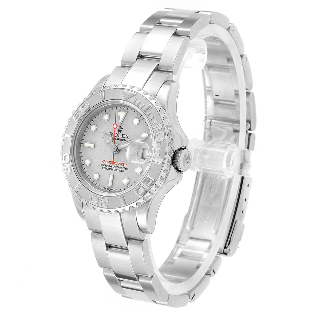 The Rolex Yacht-Master 169622 Women's Stainless Steel Silver Dial 169622 Women's Stainless Steel Silver Dial watch is shown in a side angle, capturing the bracelet, bezel, dial, and crown.