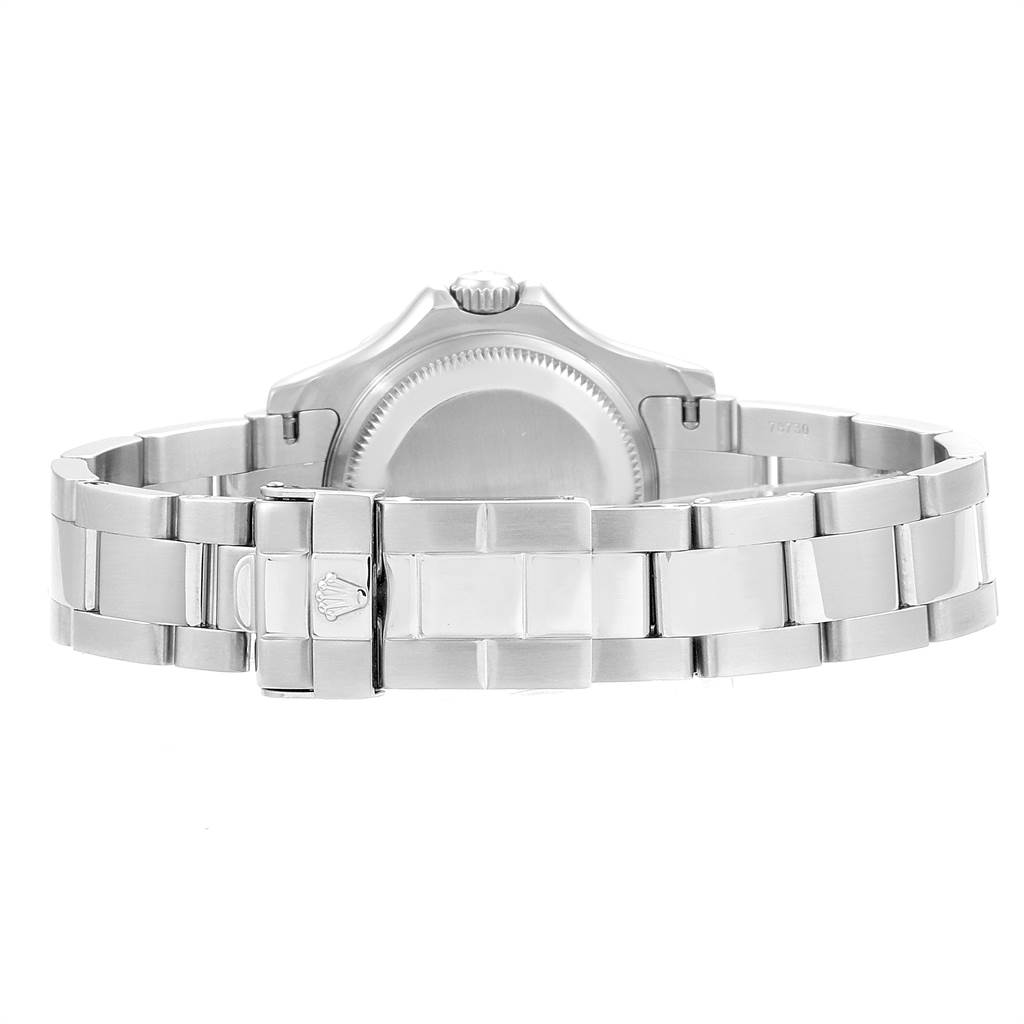 This image shows the back view of a Rolex Yacht-Master 169622 Women's Stainless Steel Silver Dial 169622 Women's Stainless Steel Silver Dial watch, focusing on the bracelet and clasp.