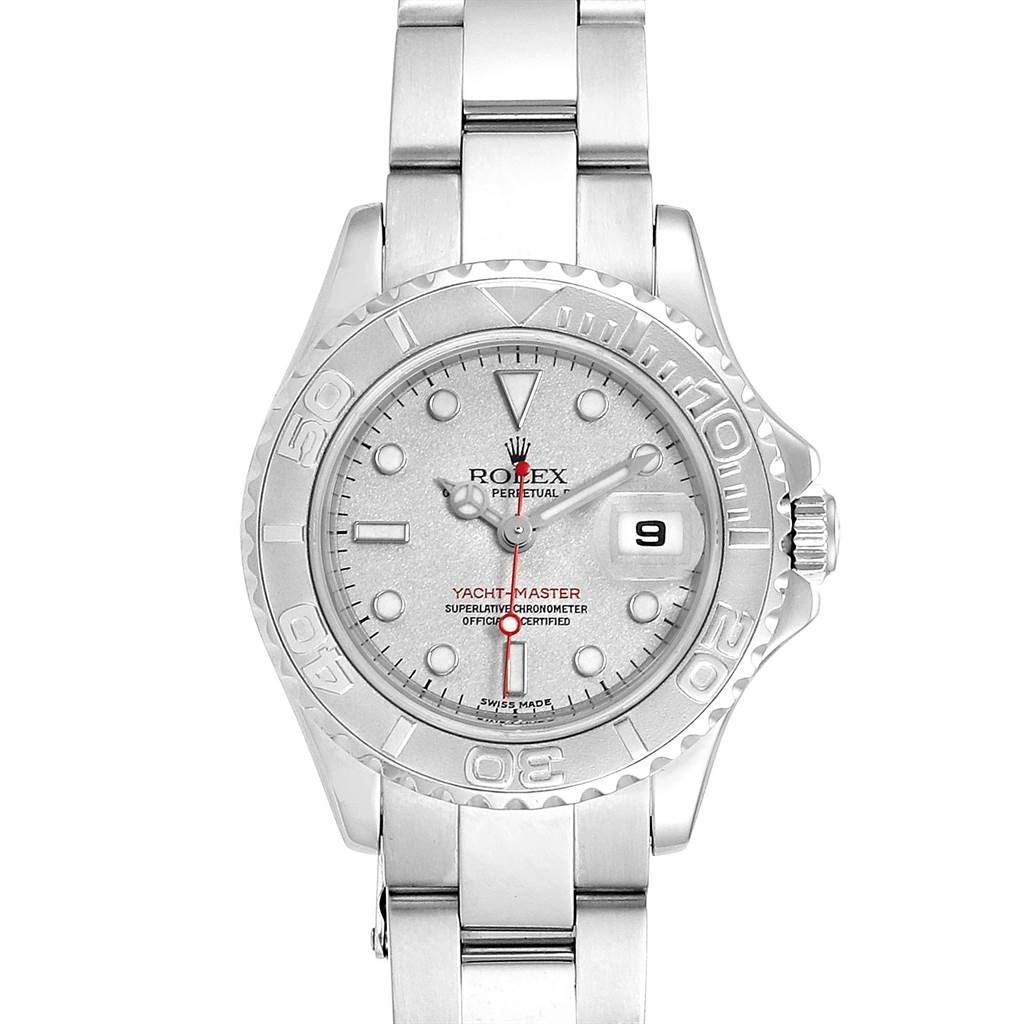 This image shows a front view of the Rolex Yacht-Master 169622 Women's Stainless Steel Silver Dial 169622 Women's Stainless Steel Silver Dial watch, highlighting its dial, bezel, and bracelet.