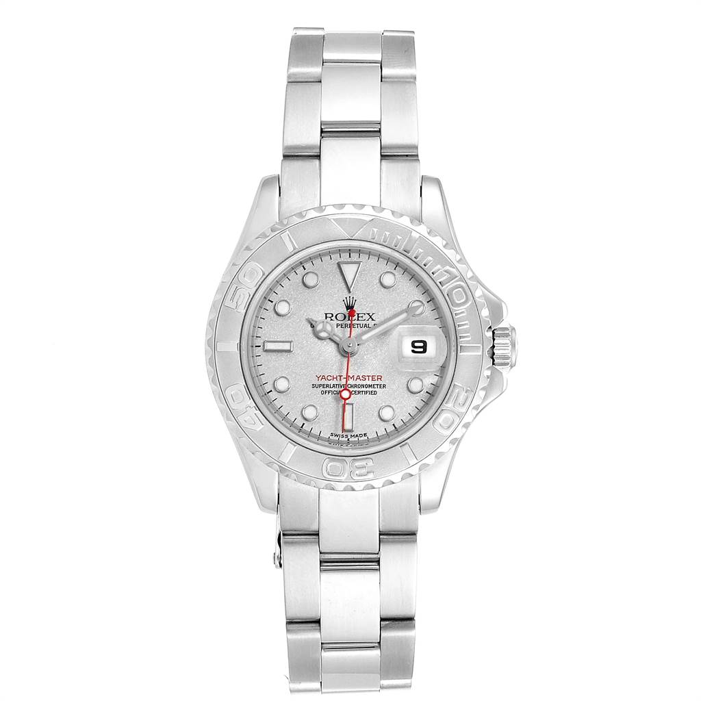 The watch is a Rolex Yacht-Master 169622 Women's Stainless Steel Silver Dial 169622 Women's Stainless Steel Silver Dial, shown from a front angle displaying the dial, bezel, and bracelet.