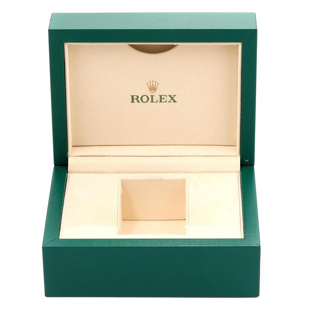 This is an empty green and beige Rolex Yacht-Master 169622 Women's Stainless Steel Silver Dial 169622 Women's Stainless Steel Silver Dial watch box viewed from the front.