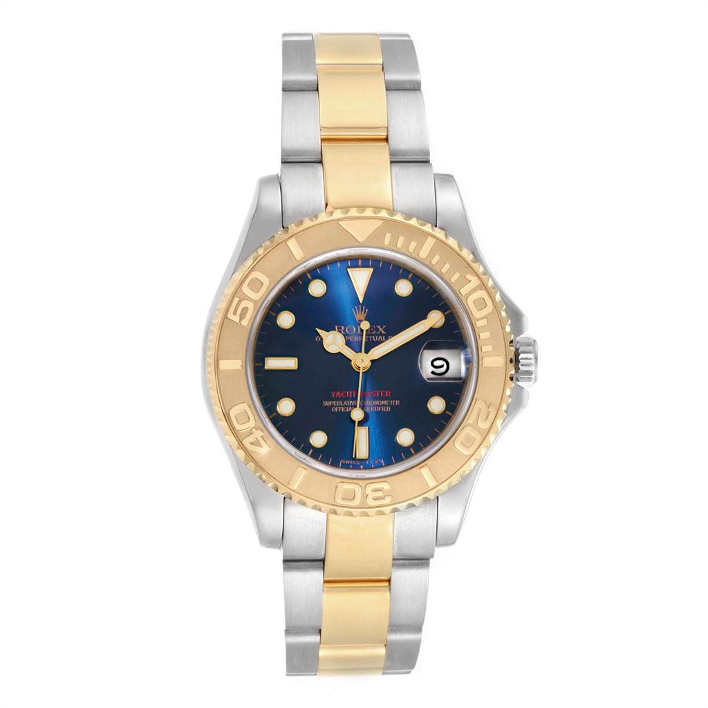 This image shows a front view of a Rolex Yacht-Master 168623 Men's Steel and Gold (two tone) Blue Dial 168623 Men's Steel and Gold (two tone) Blue Dial watch, highlighting its dial, bezel, and bracelet.